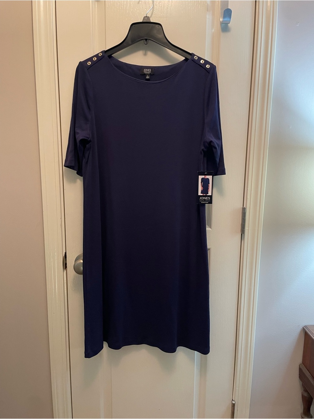 Jones New York Navy Button-Shoulder Shift Dress